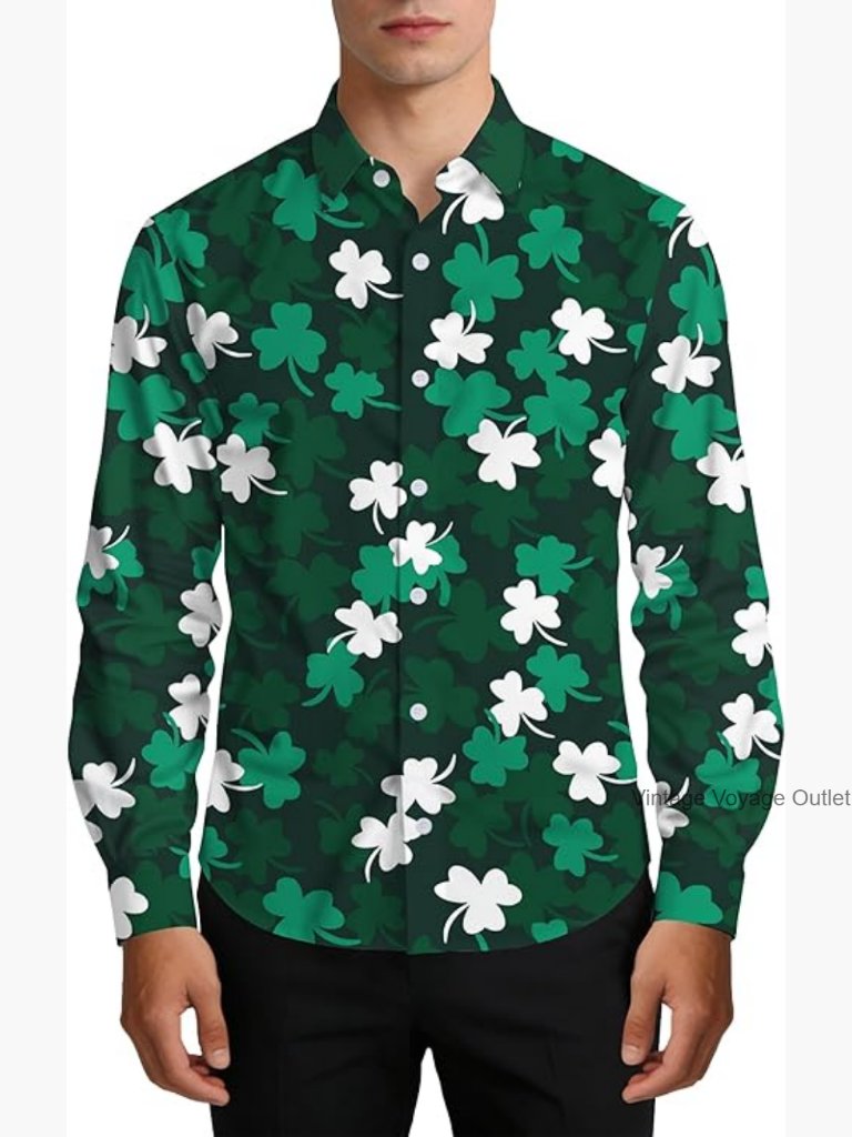Men's Long Sleeve Button Down Shamrock Hawaiian Shirt S-3xl